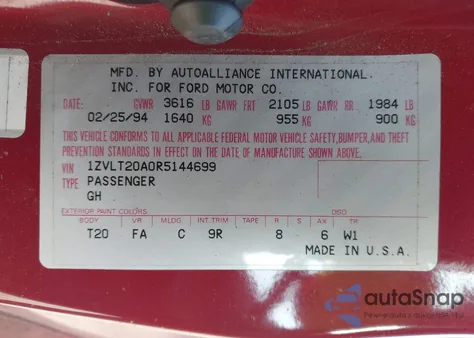 1994 Ford Probe Se from USA, damaged, VIN 1ZVLT20A0R5144699